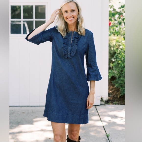 Draper James Dark Blue Denim Chambray 3/4 Bell Sleeves Shift Dress Size 8 NWT - Picture 10 of 10
